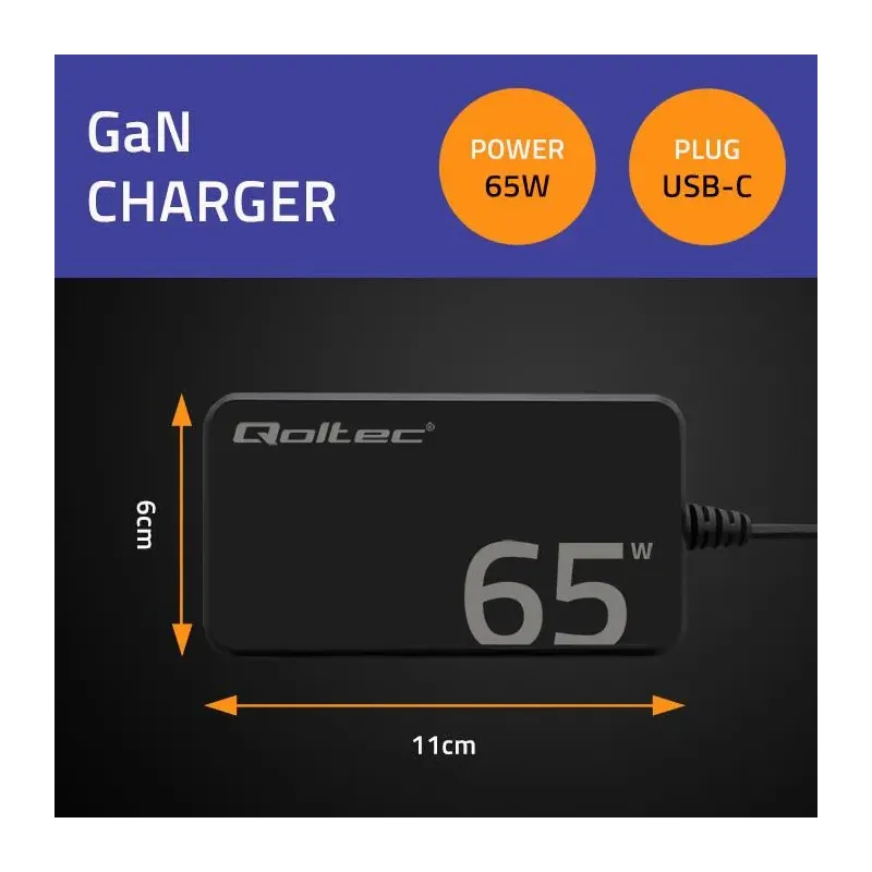 Ładowarka sieciowa Qoltec 65W GaN Super Fast SLIM | PD | 5-20V | 3.25A |