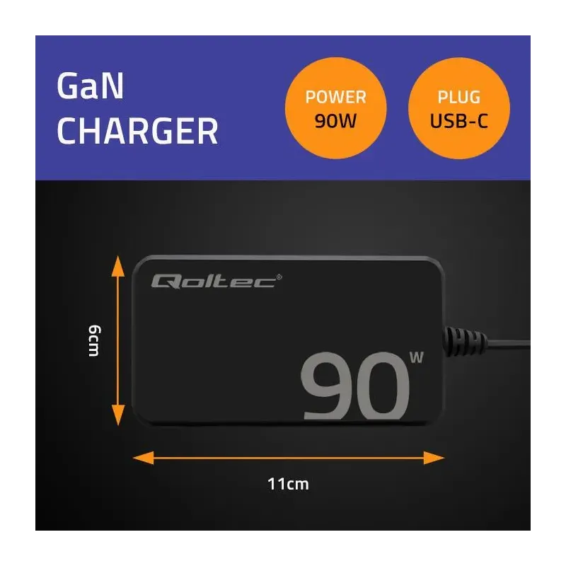 Ładowarka sieciowa Qoltec 90W GaN Super Fast SLIM | PD | 5-20V | 4.5A |