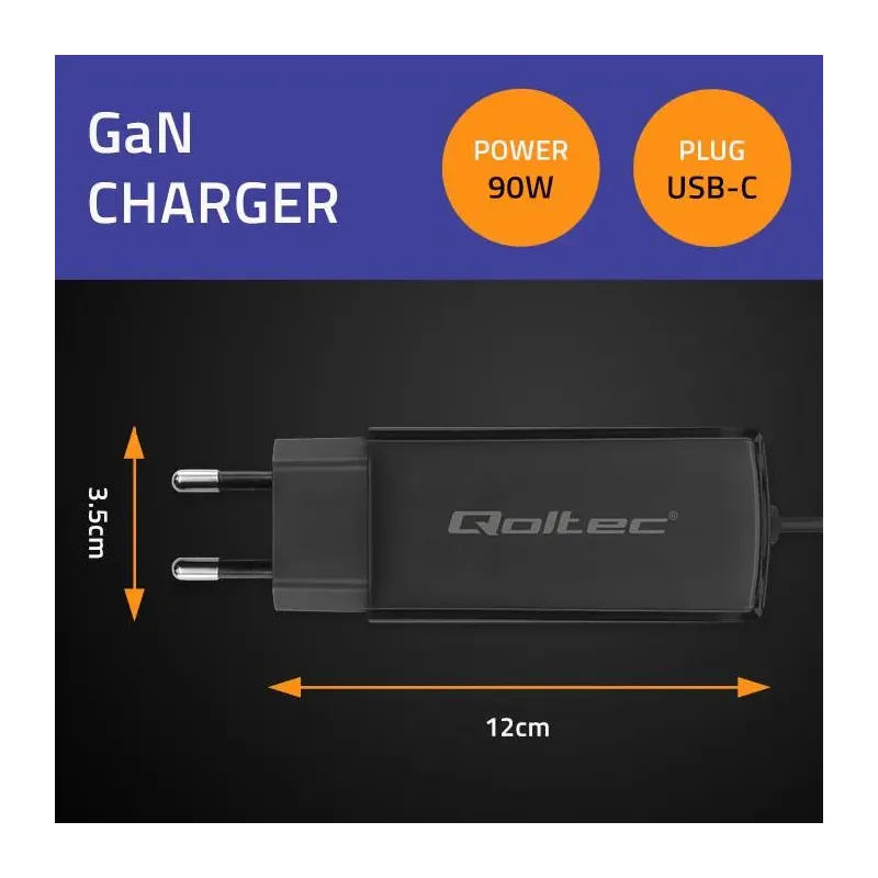 Ładowarka sieciowa Qoltec 90W GaN Super Fast | 5-20V | 3-4.5A | USB-C 3.1 |