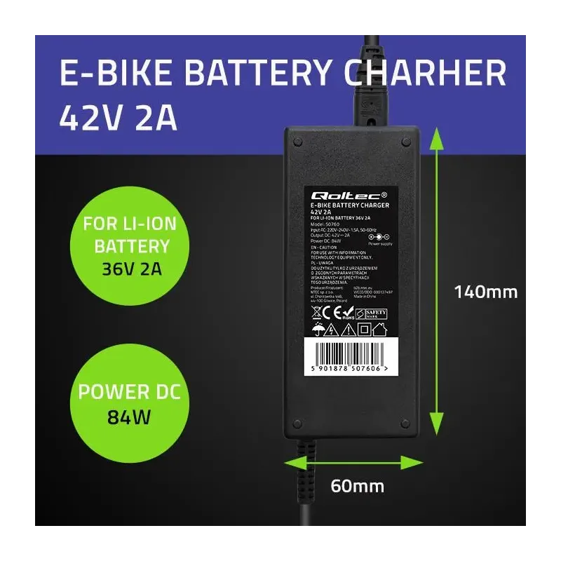 Ładowarka Qoltec do baterii roweru elektrycznego 36V | 42V | 2A | 5.5*2.1