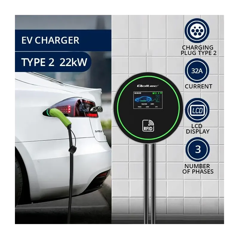 Stacja ładowania Qoltec EV 2w1 Typ2 | 22kW | Wi-Fi | LCD | 3 fazy | Wallbox