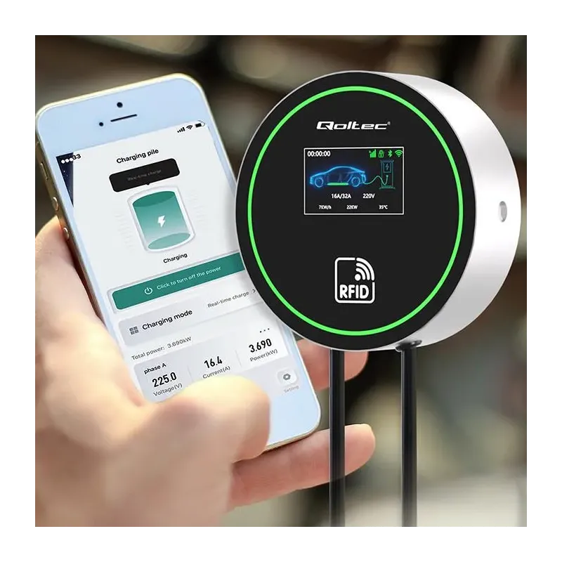 Stacja ładowania Qoltec EV 2w1 Typ2 | 22kW | Wi-Fi | LCD | 3 fazy | Wallbox