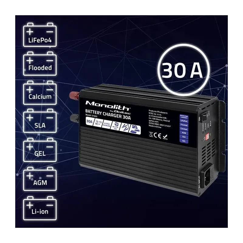 Ładowarka inteligentna Qoltec Monolith do akumulatorów LiFePO4 AGM GEL SLA
