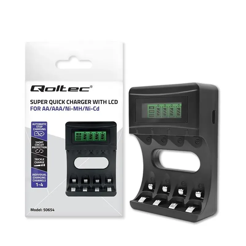Ładowarka Qoltec do akumulatorków Ni-MH typu R03 AAA R6 AA | LCD | Kabel