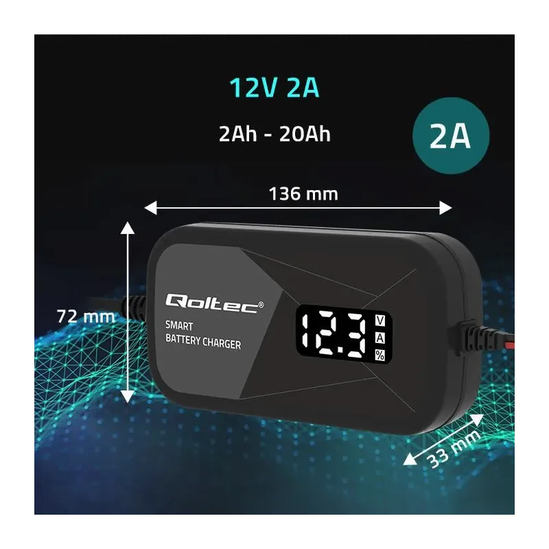 Ładowarka inteligentna Qoltec mikroprocesorowa 12V | 2A | Prostownik do