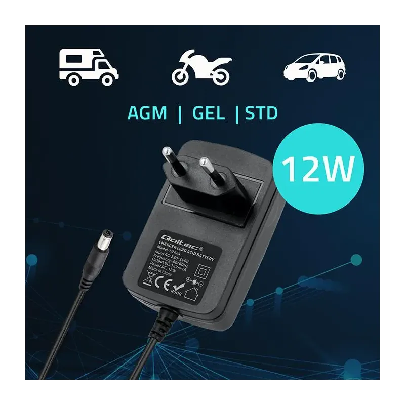 Ładowarka do akumulatora Qoltec AGM GEL STD 12V | 1A | Prostownik z