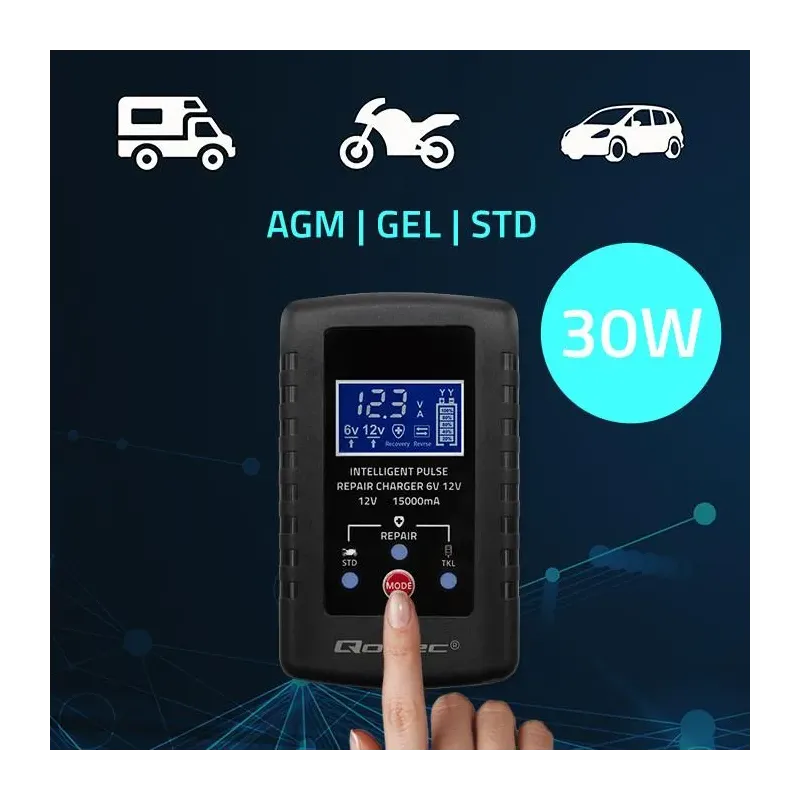 Ładowarka do akumulatora Qoltec AGM GEL STD 6V/12V | 2A | Prostownik z