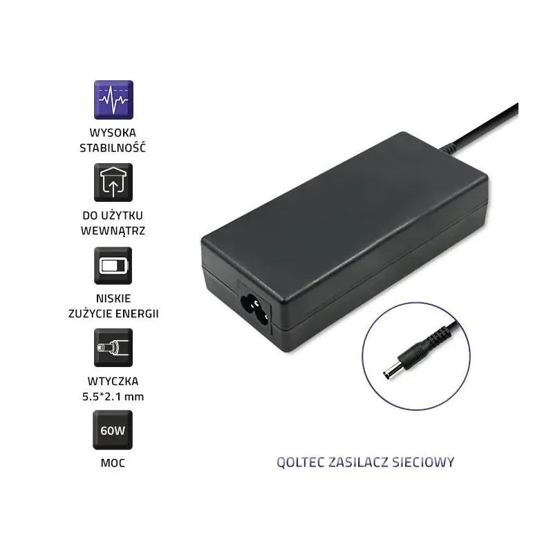 Zasilacz sieciowy Qoltec desktopowy 60W | 12V | 5A | 5.5*2.1 | + kabel