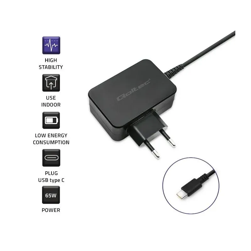 Ładowarka sieciowa Qoltec 65W | 5-20V | 3-3.25A | USB typ C | PD | Czarna