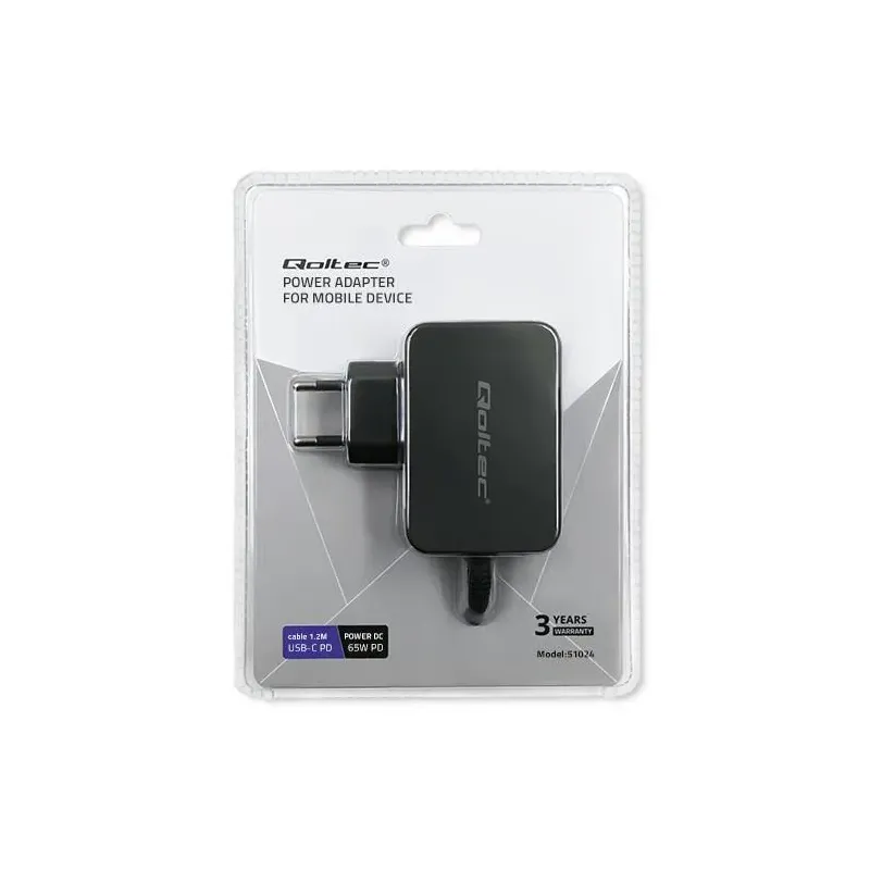 Ładowarka sieciowa Qoltec 65W | 5-20V | 3-3.25A | USB typ C | PD | Czarna