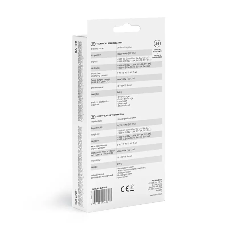 Powerbank SAVIO BA-09 10000mAh Ładowanie indukcyjne