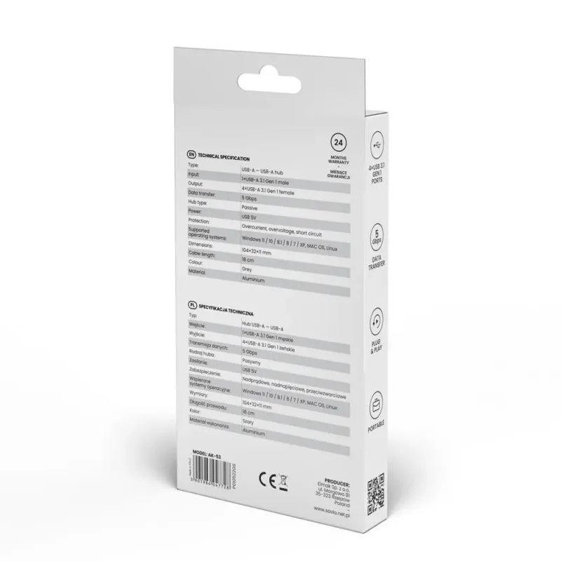 Hub USB 3.1 SAVIO AK-53 USB-A - 4 x USB-A szary