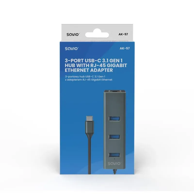 HUB USB-C 3.1 SAVIO AK-57 z adapterem RJ-45 3-portowy
