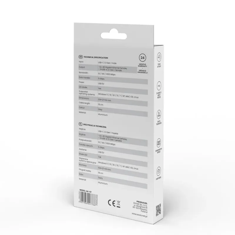 HUB USB-C 3.1 SAVIO AK-57 z adapterem RJ-45 3-portowy