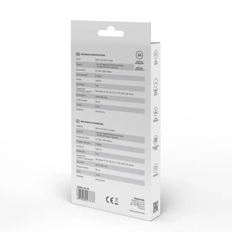 HUB USB-A 3.1 SAVIO AK-58 z adapterem RJ-45 3-portowy