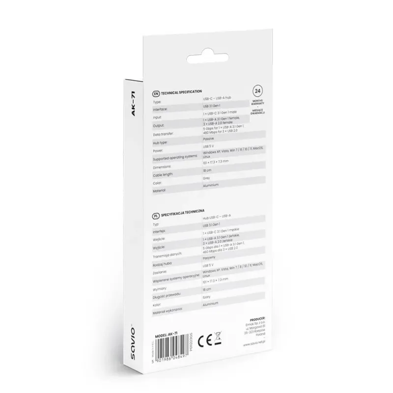 Hub USB SAVIO AK-71 USB-C - 3 x USB-A 2.0, 1 x USB-A 3.1 Gen 1