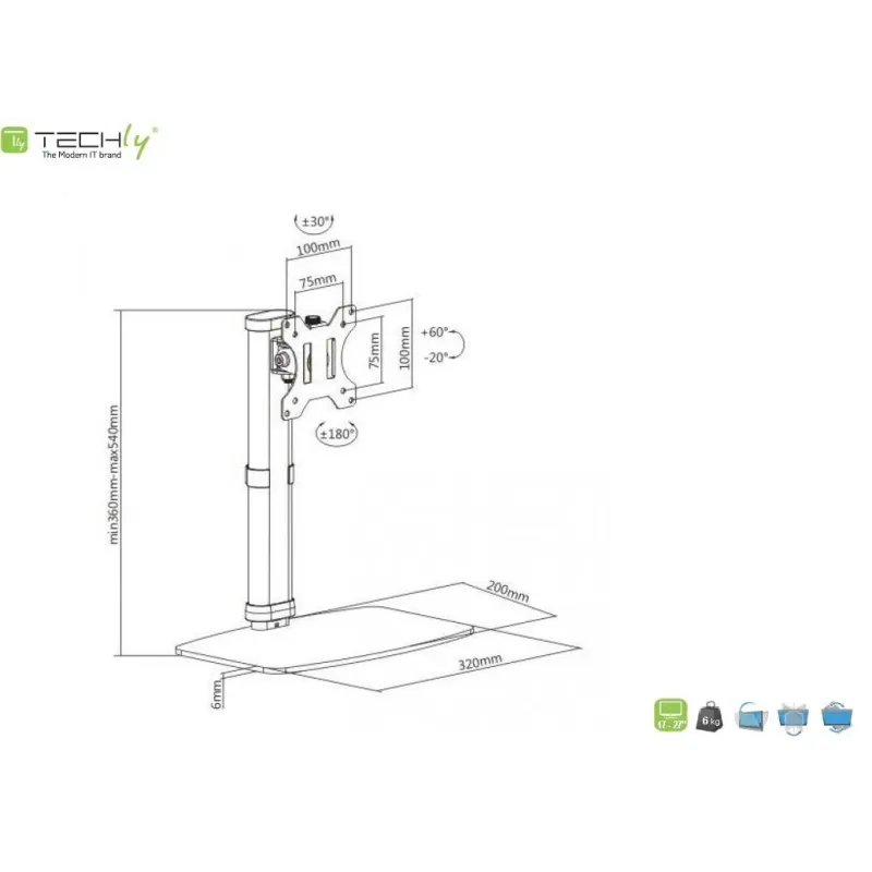 Uchwyt biurkowy Techly 17"-27", 6kg pionowy | PartsPC.pl