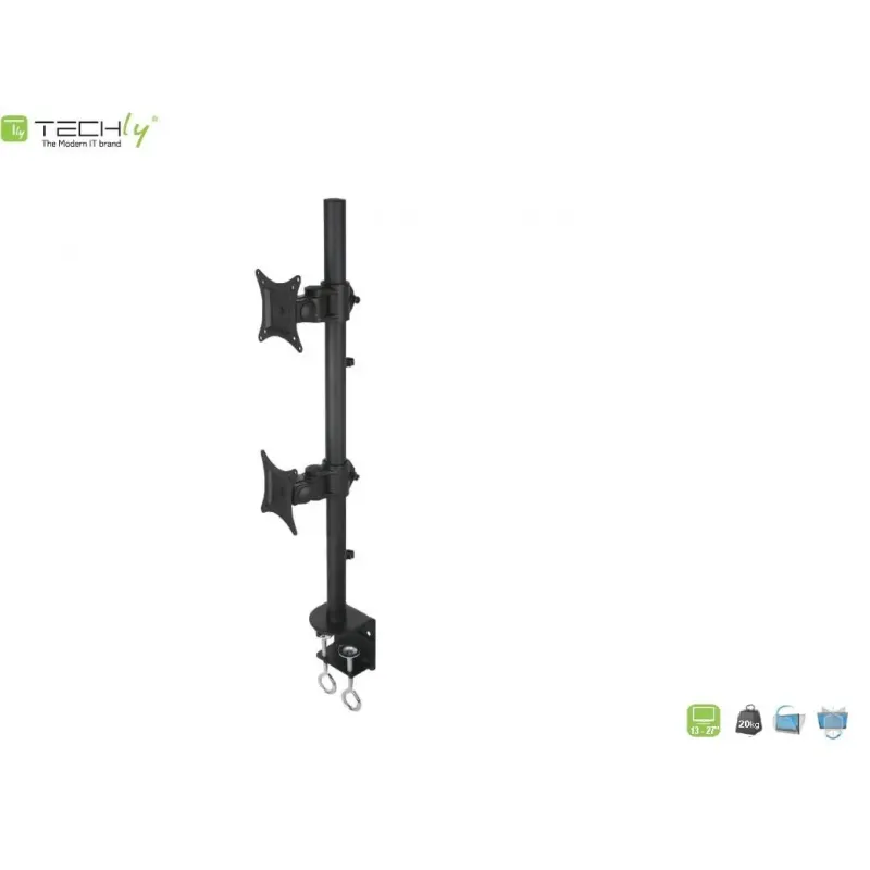 Uchwyt biurkowy Techly 13"-27", 2x10kg na 2 monitory regulowany