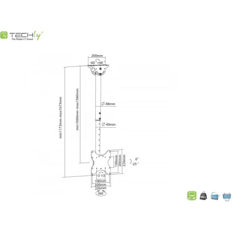 Uchwyt sufitowy Techly 23"-42", 50kg regulowany