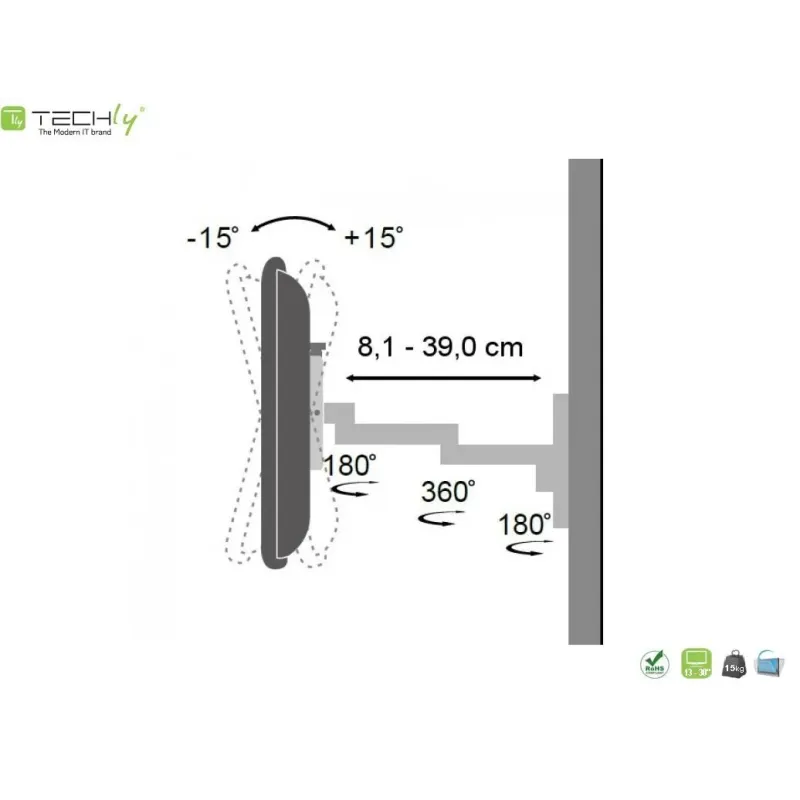 Uchwyt ścienny Techly 13"-30", 15kg obrotowy