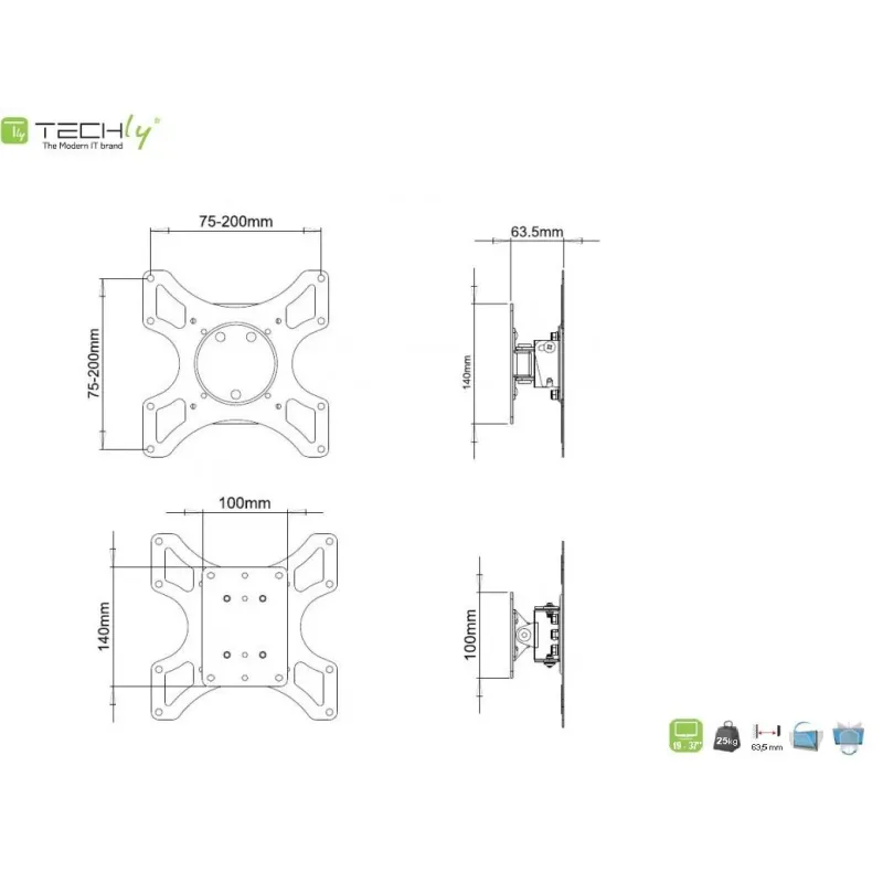 Uchwyt ścienny Techly 13"-37", 25kg obrotowy