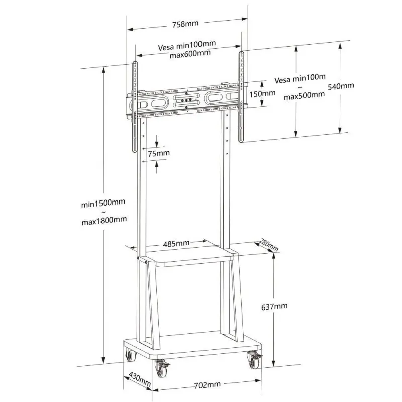 Stojak mobilny Techly 32''-70'', 70 kg, półka AV, PIVOT