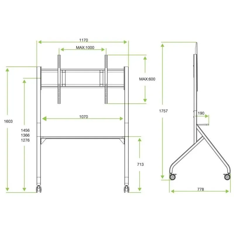 Stojak mobilny Techly TV 65-100" do 100kg regulowany półka AV