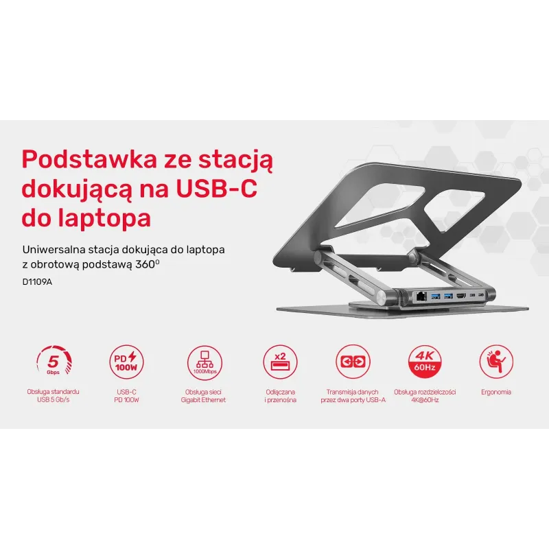 Podstawka pod laptop UNITEK D1109A HUB USB-C, HDMI, 4K, PD 1… | PartsPC.pl