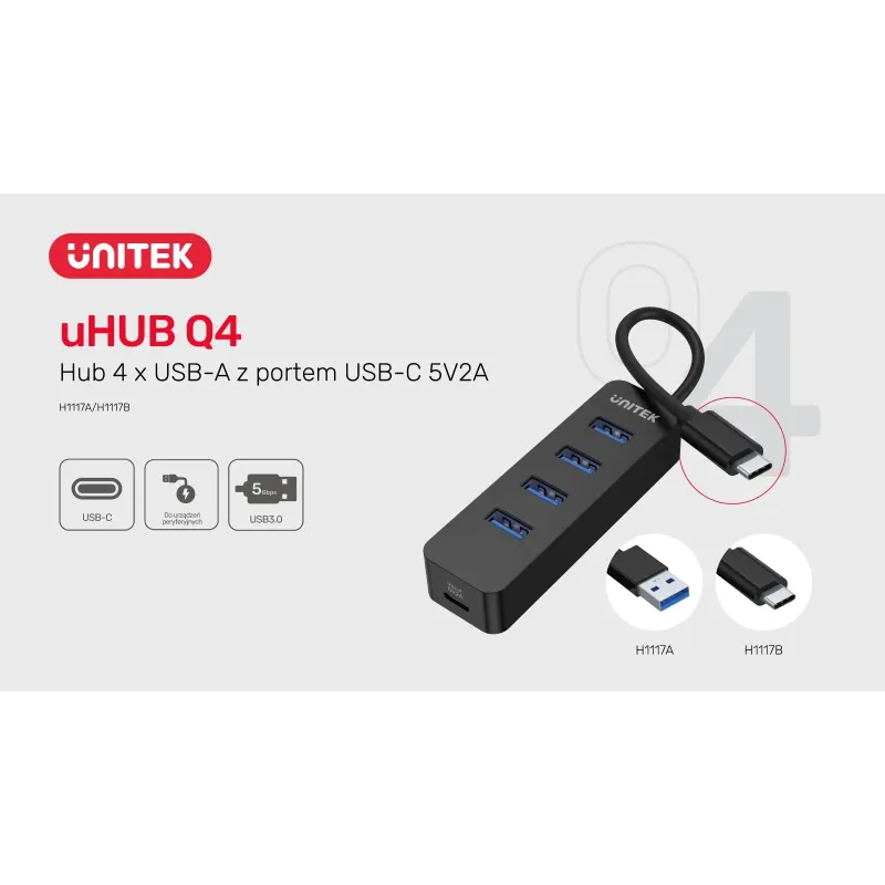 HUB USB-C Unitek H1117B 4xUSB-A 3.1, aktywny, 10W | PartsPC.pl