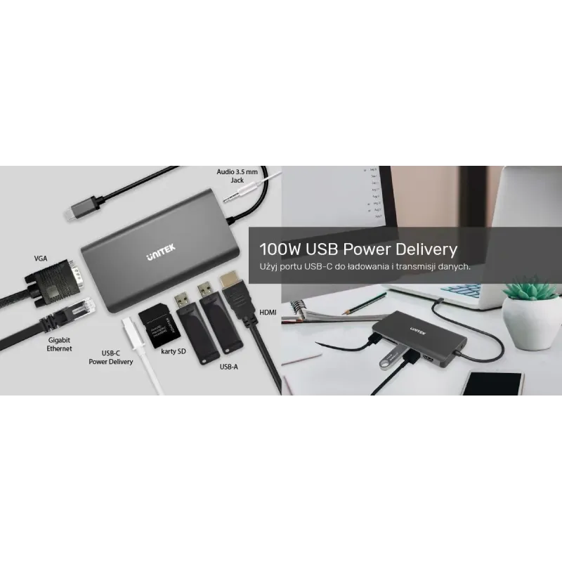 Hub USB-C Unitek D1019B 3.1 8w1, Power Delivery 100W | PartsPC.pl