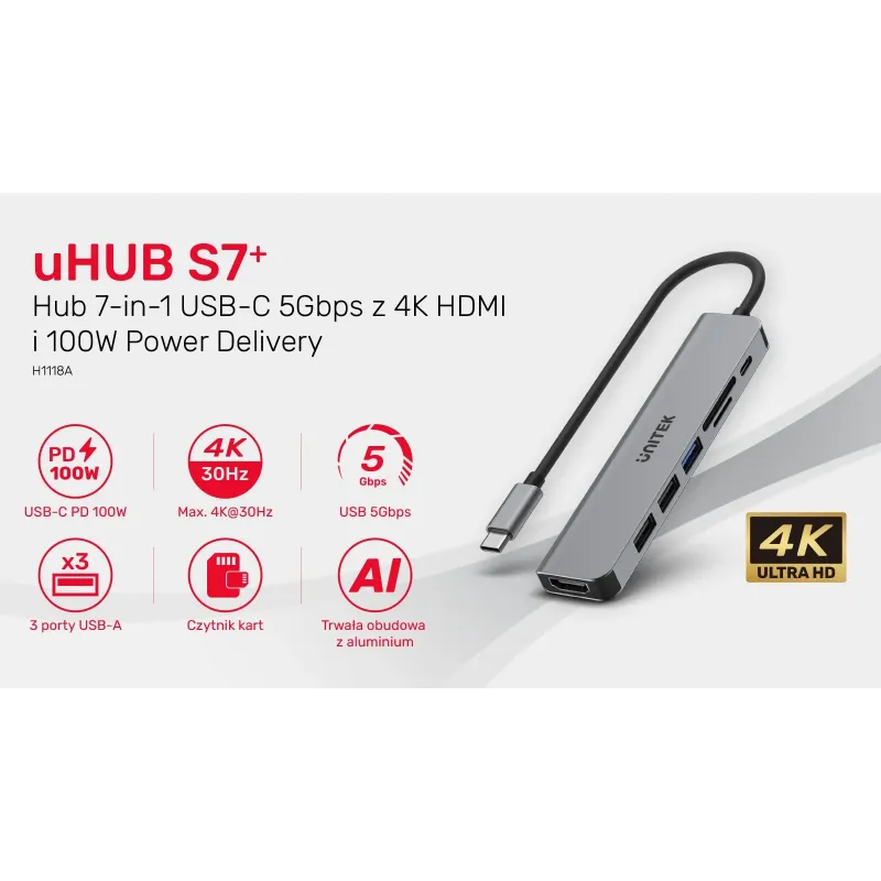 Hub USB-C Unitek H1118A 7w1, HDMI 4K, 3x USB-A, USB-C PD 100W, alu