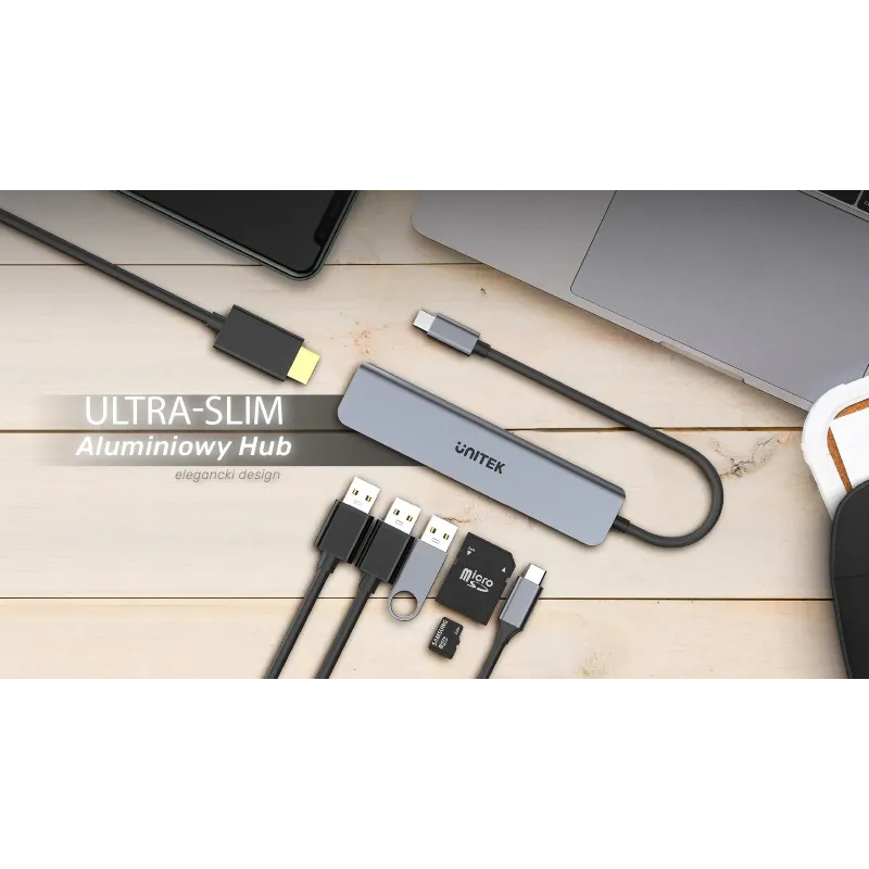 Hub USB-C Unitek H1118A 7w1, HDMI 4K, 3x USB-A, USB-C PD 100W, alu