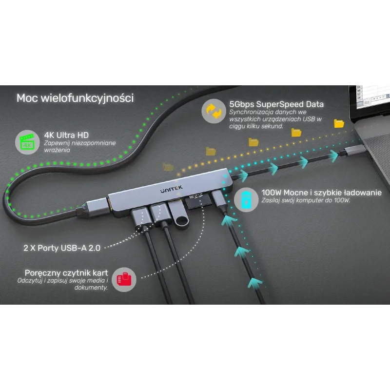 Hub USB-C Unitek H1118A 7w1, HDMI 4K, 3x USB-A, USB-C PD 100W, alu