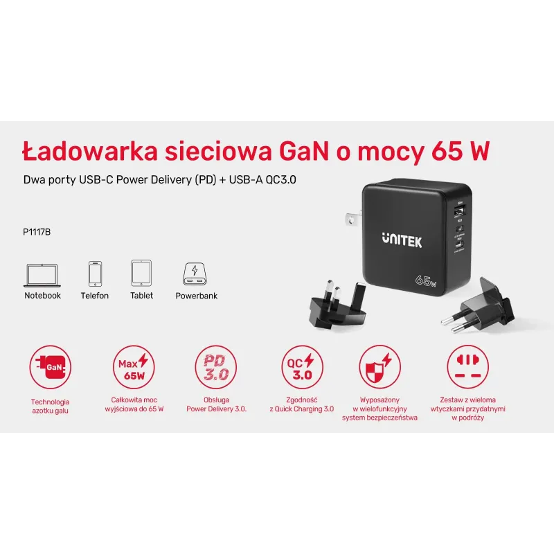 Ładowarka Sieciowa Unitek P1117B 3 porty, PD 65W, GaN, podróżna