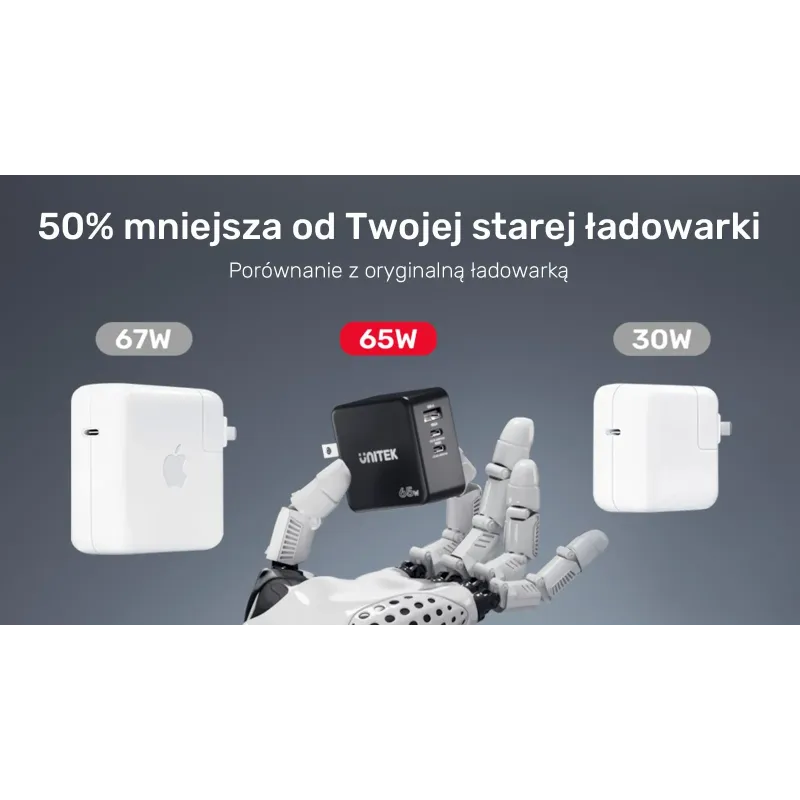 Ładowarka Sieciowa Unitek P1117B 3 porty, PD 65W, GaN, podróżna