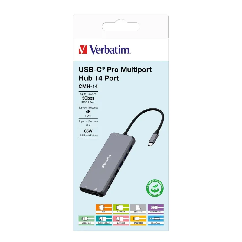 Hub USB Verbatim Multi Port CMH-14: 1x USB-C PD, 3xUSB-A 3.0, 1xUSB-C 3.0,