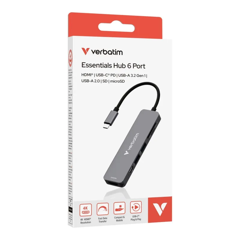 Hub USB Verbatim Multi Port Essentials USB-C PD, USB-A 3.0, USB-A 2.0,