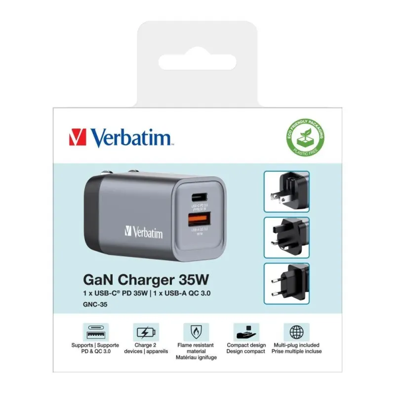 Ładowarka sieciowa Verbatim GaN GNC-35 1xUSB-C PD 35W 1xUSB-A QC 3.0