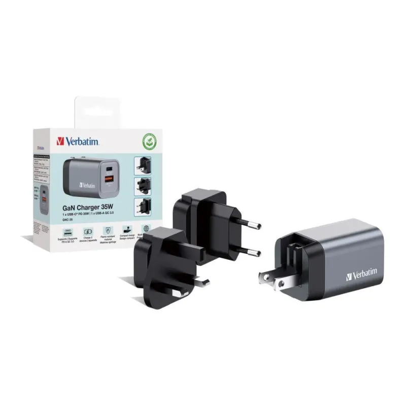 Ładowarka sieciowa Verbatim GaN GNC-35 1xUSB-C PD 35W 1xUSB-A QC 3.0