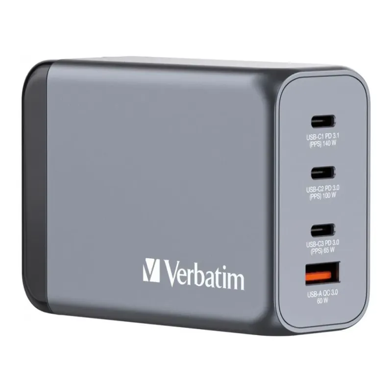 Ładowarka sieciowa Verbatim GaN GNC-240 3xUSB-C PD (140W+100W+65W) 1xUSB-A