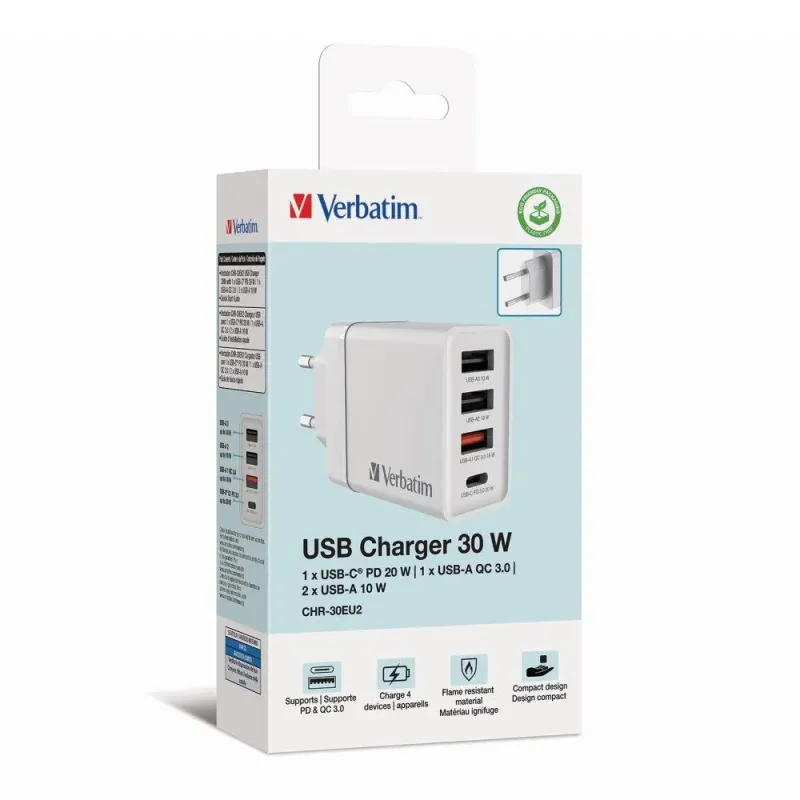Ładowarka sieciowa Verbatim 1xUSB-C PD 20W 1xUSB-A QC 3.0 2xUSB-A 10W UE