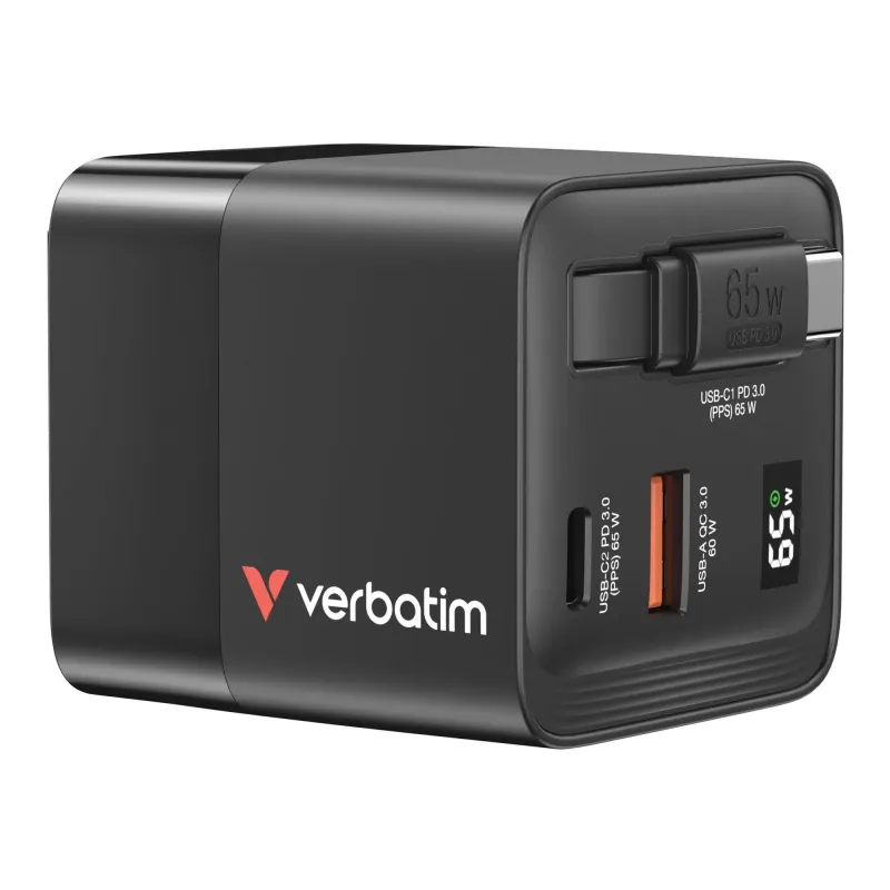 Ładowarka ścienna Verbatim GaN 65W 1xUSB-C PD 3.0 1xUSB-A QC 3.0 z kablem