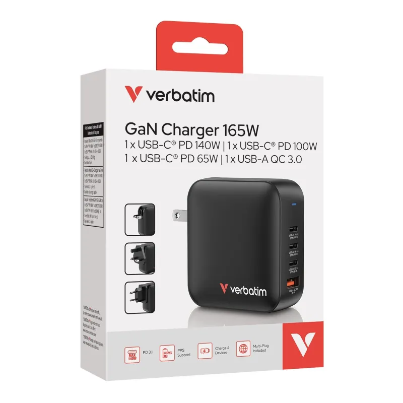 Ładowarka ścienna Verbatim Mini GaN 165W 3xUSB-C PD 1xUSB-A QC 3.0