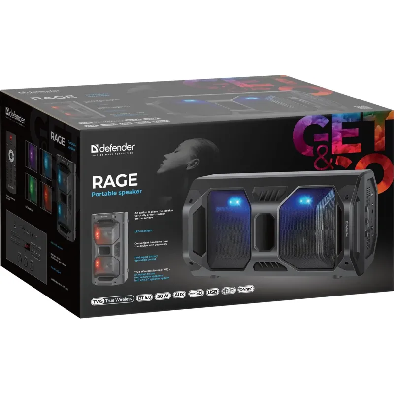 Głośnik Defender RAGE Bluetooth 50W MP3/FM/SD/USB/AUX/TWS/MIC/LED KARAOKE