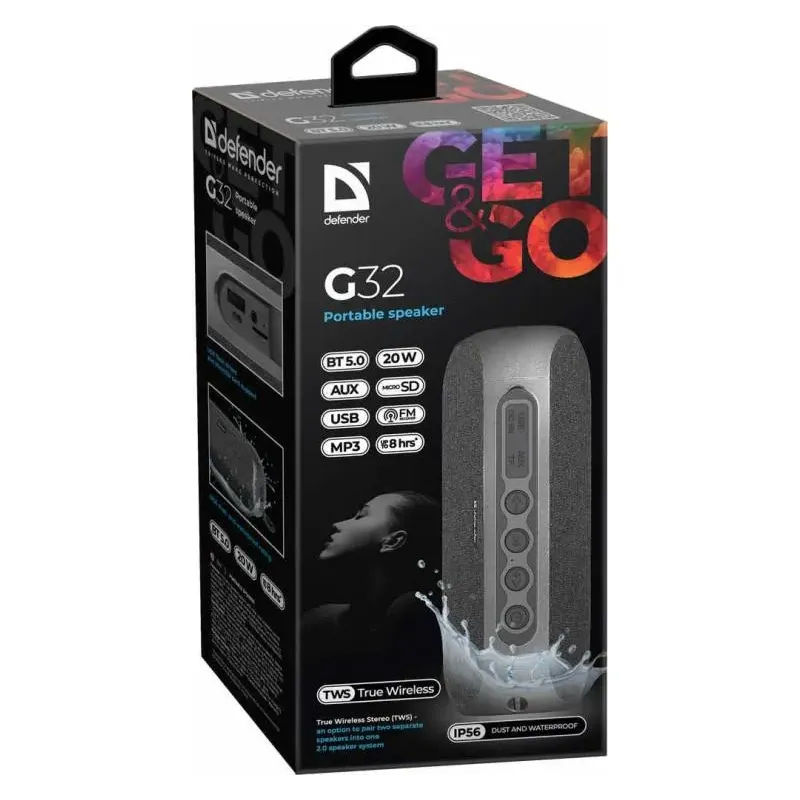 Głośnik Defender G32 Bluetooth 20W MP3/FM/SD/USB/AUX/TWS/IP56 czarny