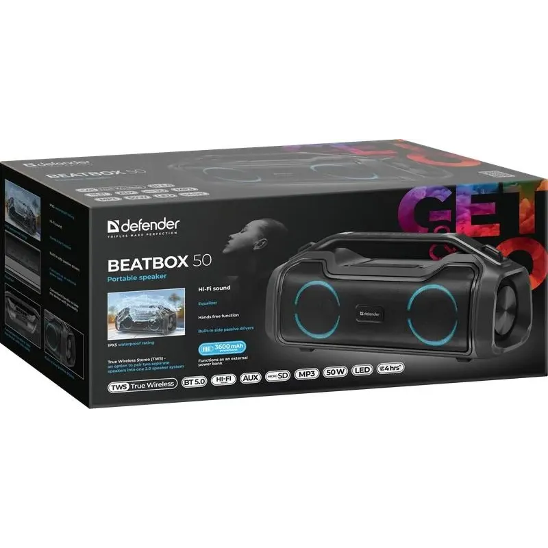 Głośnik Defender BEATBOX 50 Bluetooth 50W MP3/AUX/SD/USB/TWS/LED/IPX5/POWER