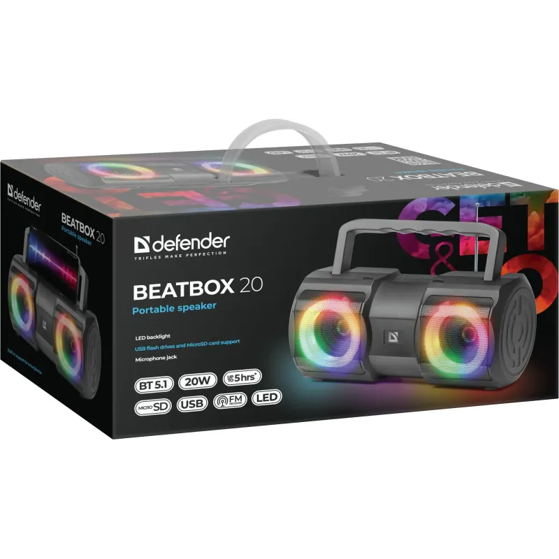 Głośnik Defender BEATBOX 20 Bluetooth 20W MP3/FM/SD/USB/AUX/LED czarny