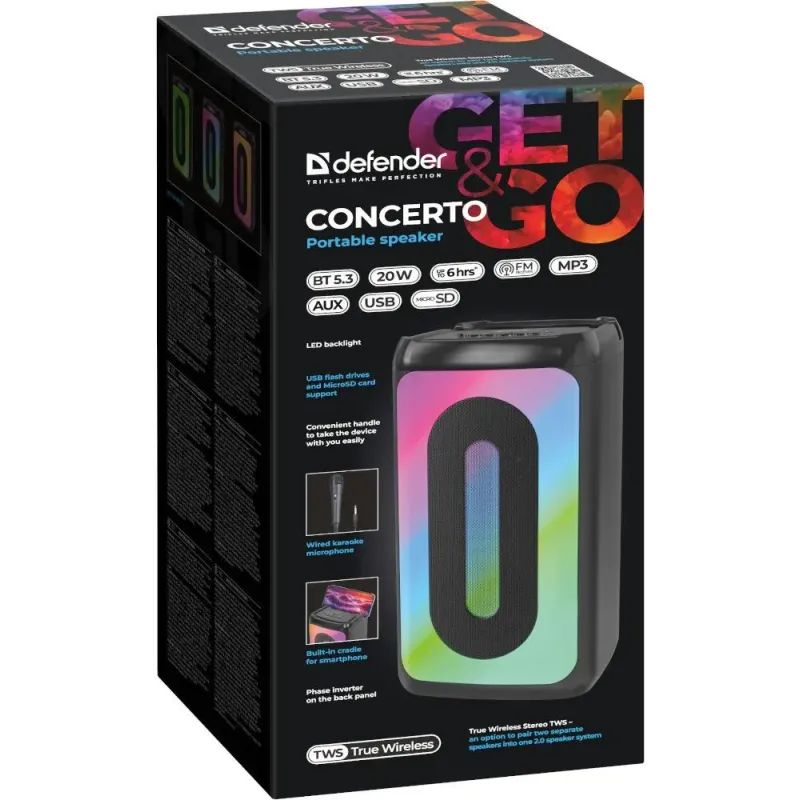 Głośnik Defender CONCERTO Bluetooth 20W MP3/FM/SD/USB/AUX/TWS/LED/MIC