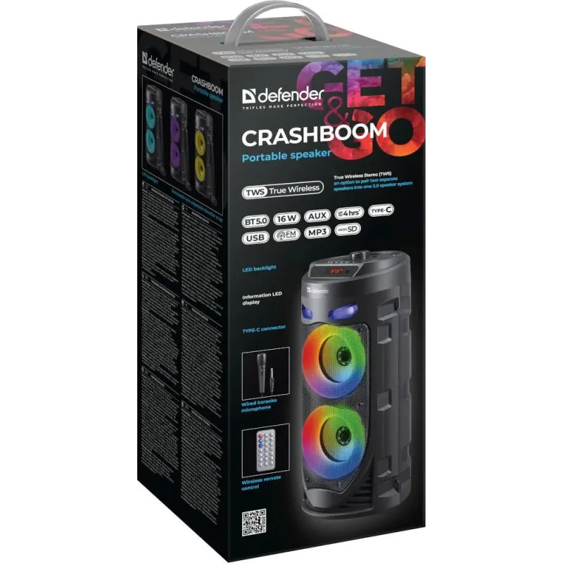 Głośnik Defender CRASHBOOM Bluetooth 16W MP3/FM/SD/USB/AUX/TWS/LED/MIC/LCD
