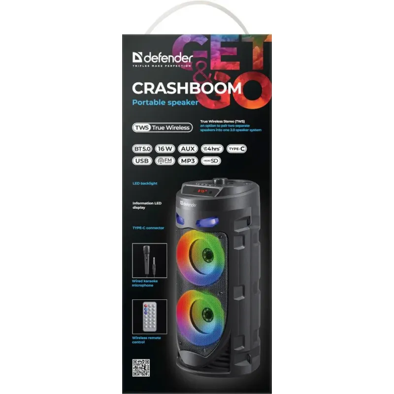 Głośnik Defender CRASHBOOM Bluetooth 16W MP3/FM/SD/USB/AUX/TWS/LED/MIC/LCD